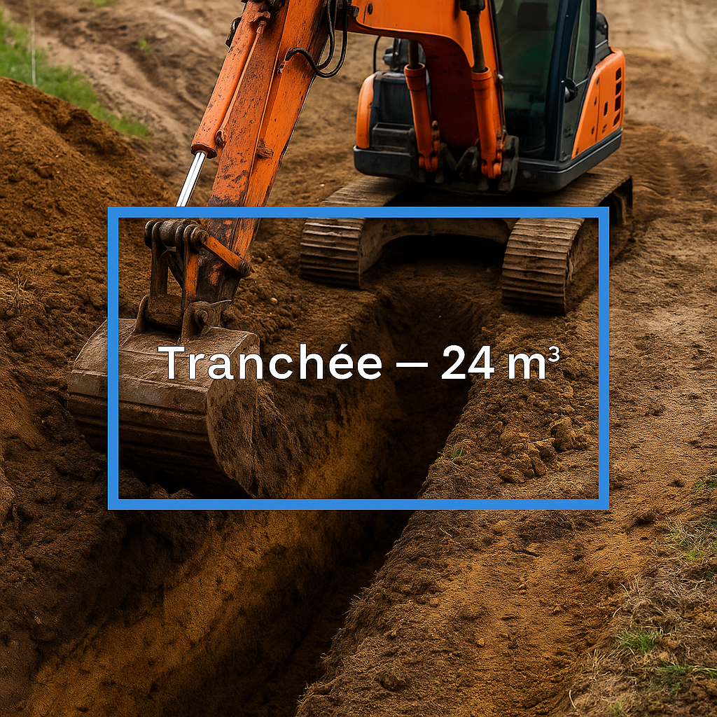 Une pelleteuse orange creuse une tranchée dans le sol de Terre, indiquant un volume de 24 mètres cubes.