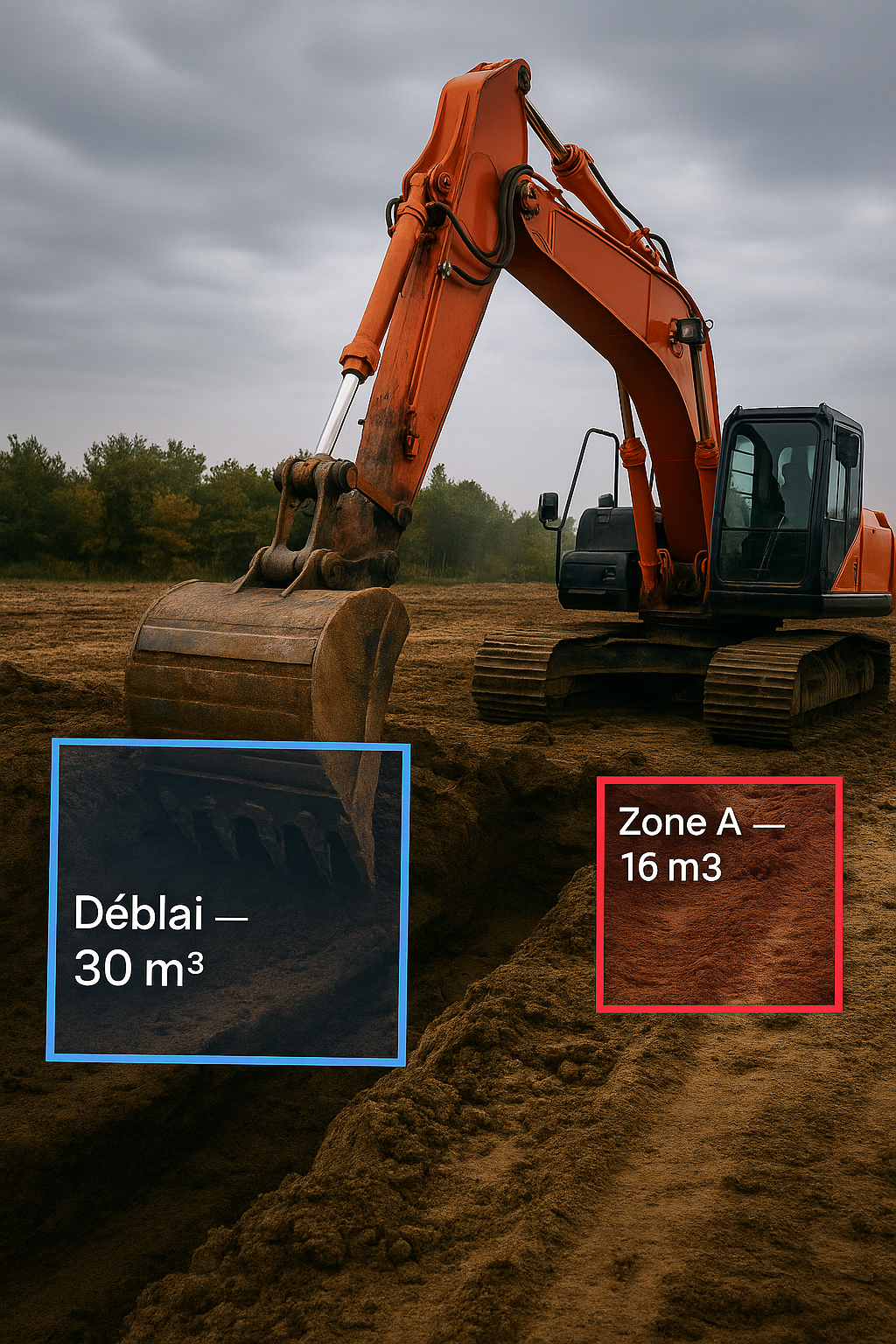 Un excavateur orange en train de creuser dans un terrain terreux avec deux zones de capacité de volume indiquées : zone A de 16 mètres cubes et déblais de 30 mètres cubes