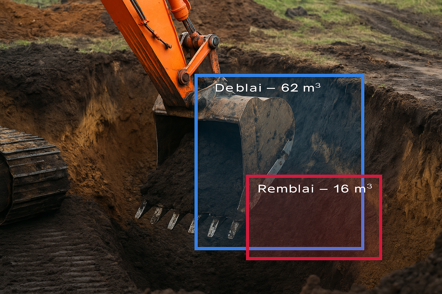 Une excavatrice creuse un trou dans le sol, avec des zones délimitées pour le déblais, le remblai, et l'origine de la terre déplacée, avec des indications en français sur le volume de matériaux.