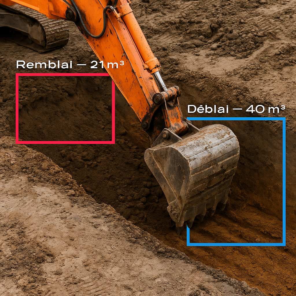 Une excavatrice creuse une tranchée dans le sol, avec des annotations indiquant le remblai de 21 m³ et le déblai de 40 m³.