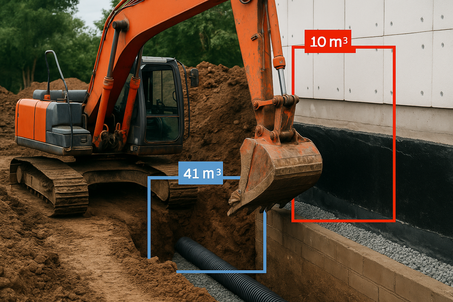 Une excavatrice orange en travail à côté d'un bâtiment en construction. La zone en excavation montre un tuyau noir enterré, avec des indications de volumes en mètres cubes pour le sol déplacé et le volume de la zone entourée par un cadre rouge. La zo