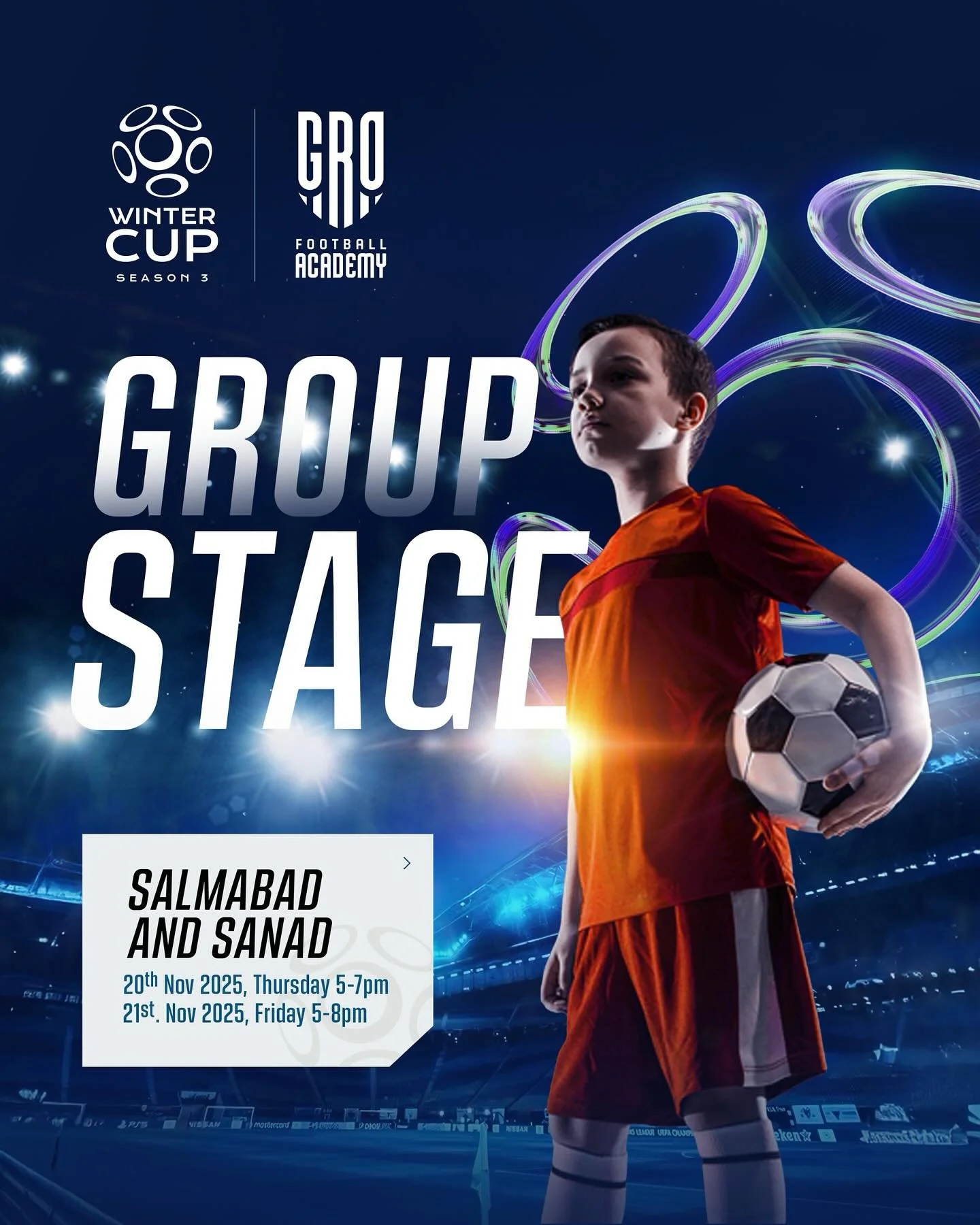 The Winter Cup Season 3 kicks off! 🔥
Group Stage action begins for Salmabad, Sanad, Umm Al Hassam, and Muharraq!
Let the battles begin. 💪⚽
#WinterCup #GROFootballAcademy #GameOn
