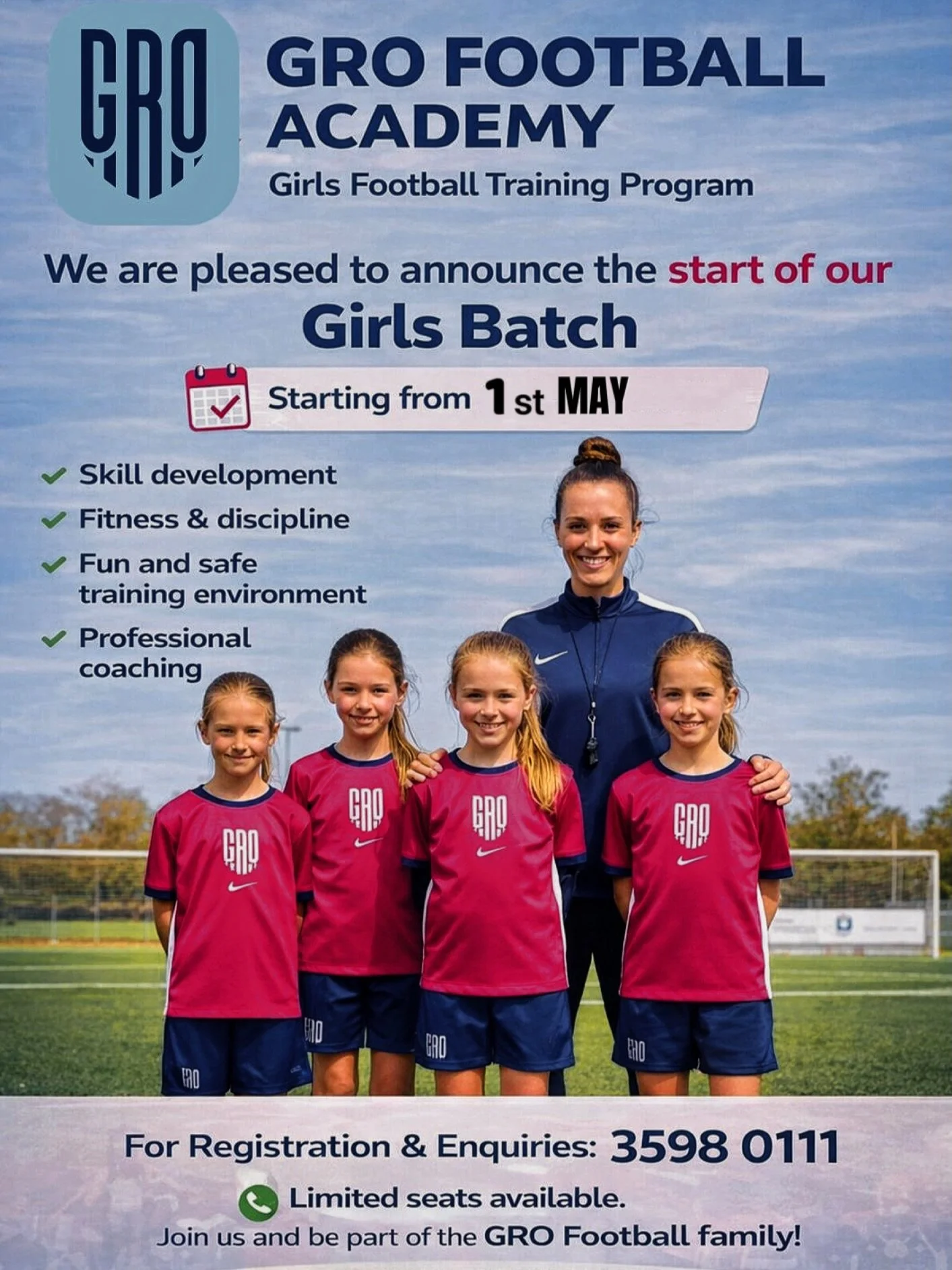 Hello everyone,

*We&rsquo;re excited to share an important update for the upcoming month at Gro Football Academy ⚽*

*We are proud to launch our first-ever Girls-Only Batch for expat players!*

*📍 Location: Umm Al Hassam*
*🕔 Timing: Evening sessio