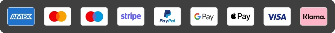 Visa, Mastercard, Amex, PayPal, Apple Pay, Google Pay, Klarna
