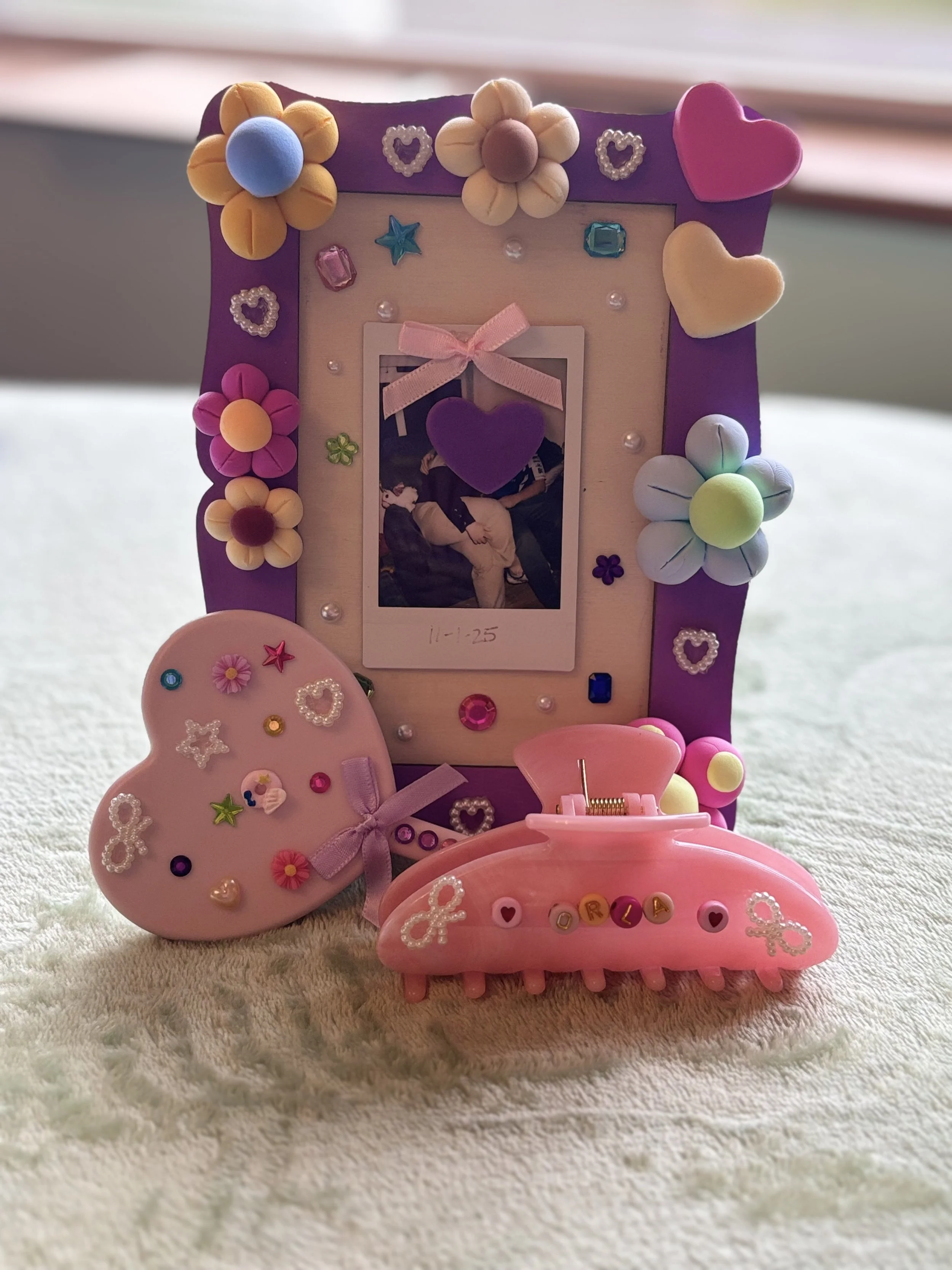 3 colourful crafts including claw clip, mirror and photo frame