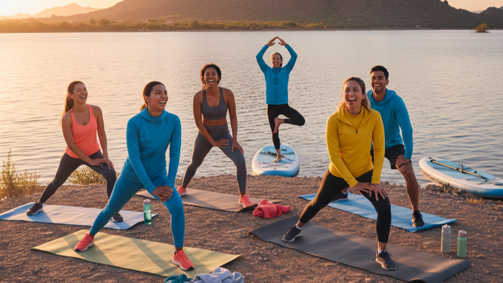 Friends smiling after a fun, early morning outdoor workout in Phoenix, AZ, using the 80/20 rule.