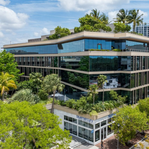 A modern, multi-story office building with reflective glass windows, surrounded by greenery and trees, with a sign that reads 'bluemercury' on the ground floor.