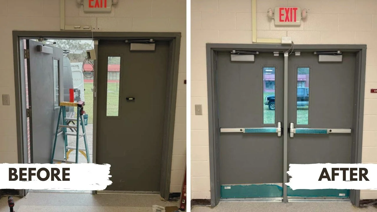 Big difference, same doors - just safer.
We recently upgraded this school&rsquo;s entry system with new commercial-grade doors, panic bars, door closers, and alarm integrations to help keep students and staff secure.

Projects like this are a reminde