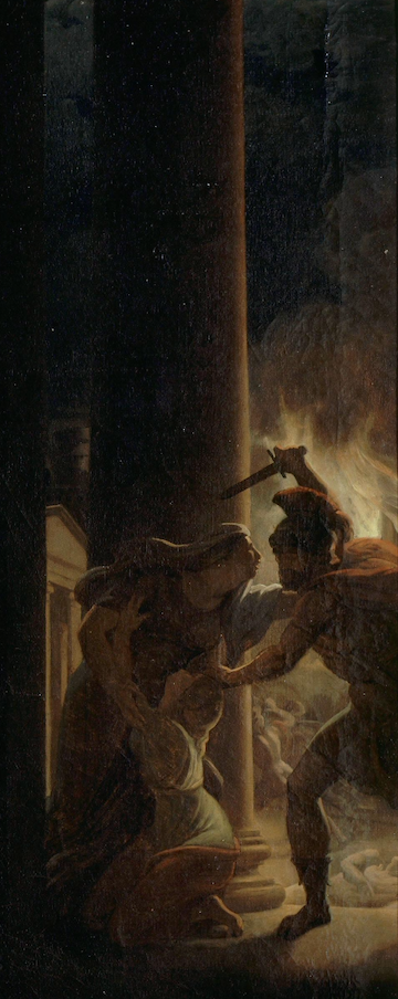 Two men fighting with an axe in front of a burning building, one man holding the other back, from the 1810 image of Kassandra Imploring the Vengeance of Minerva Against Ajax.