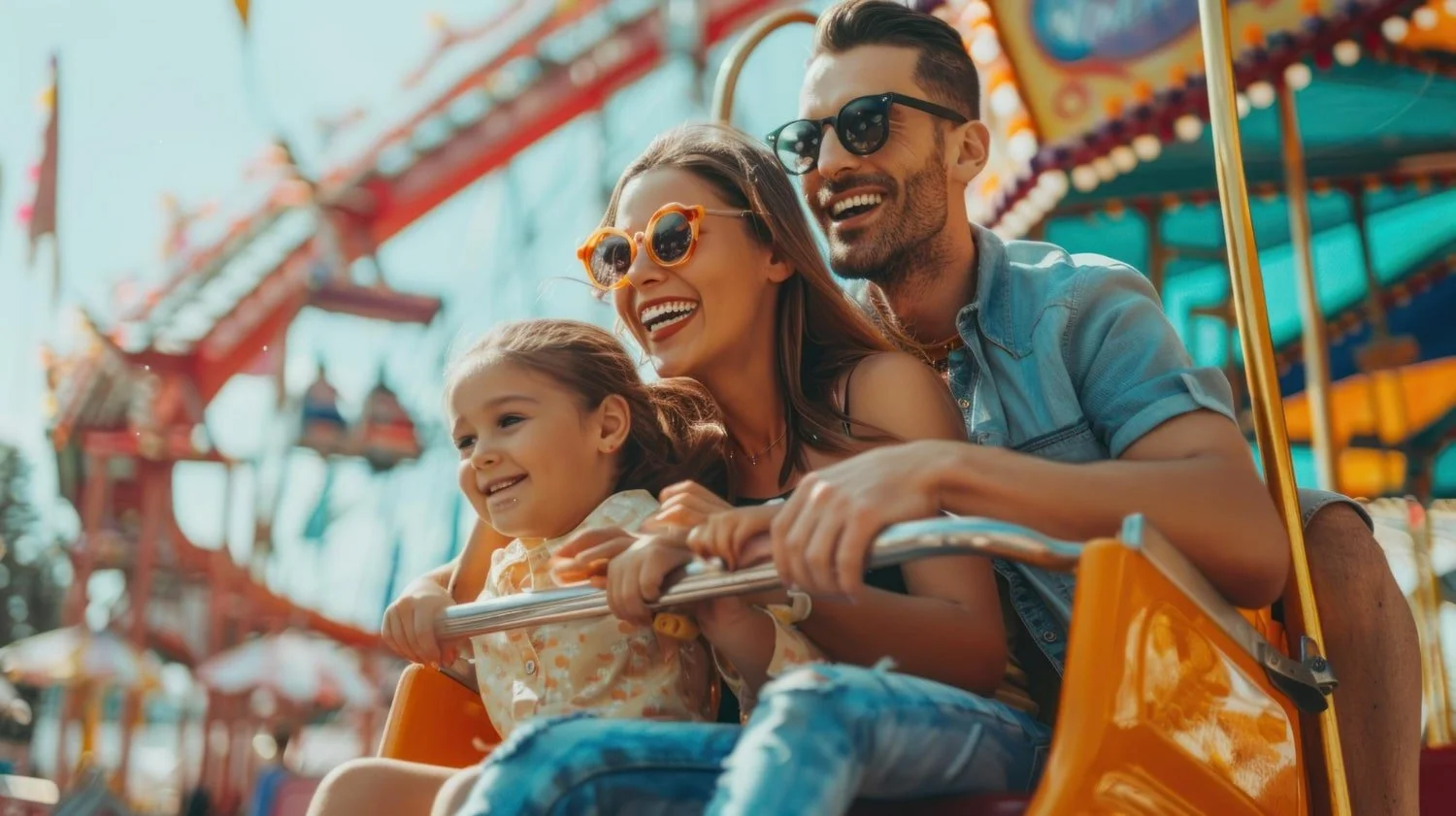 Family holding hands while walking through a grassy field with trees and string lights in the background