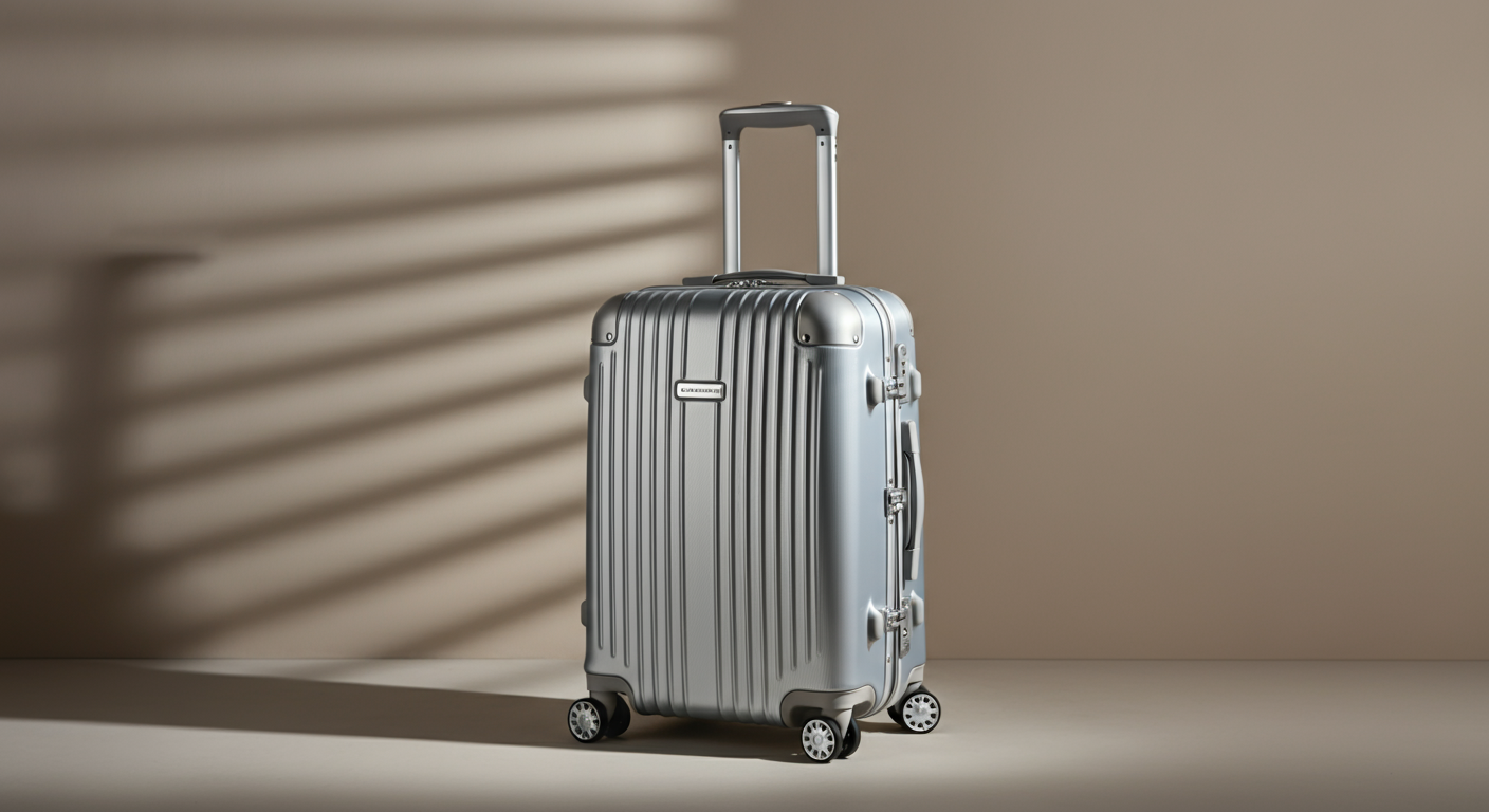 A silver hardshell suitcase with an extendable handle and four spinner wheels, placed against a beige wall with shadows cast by window blinds.
