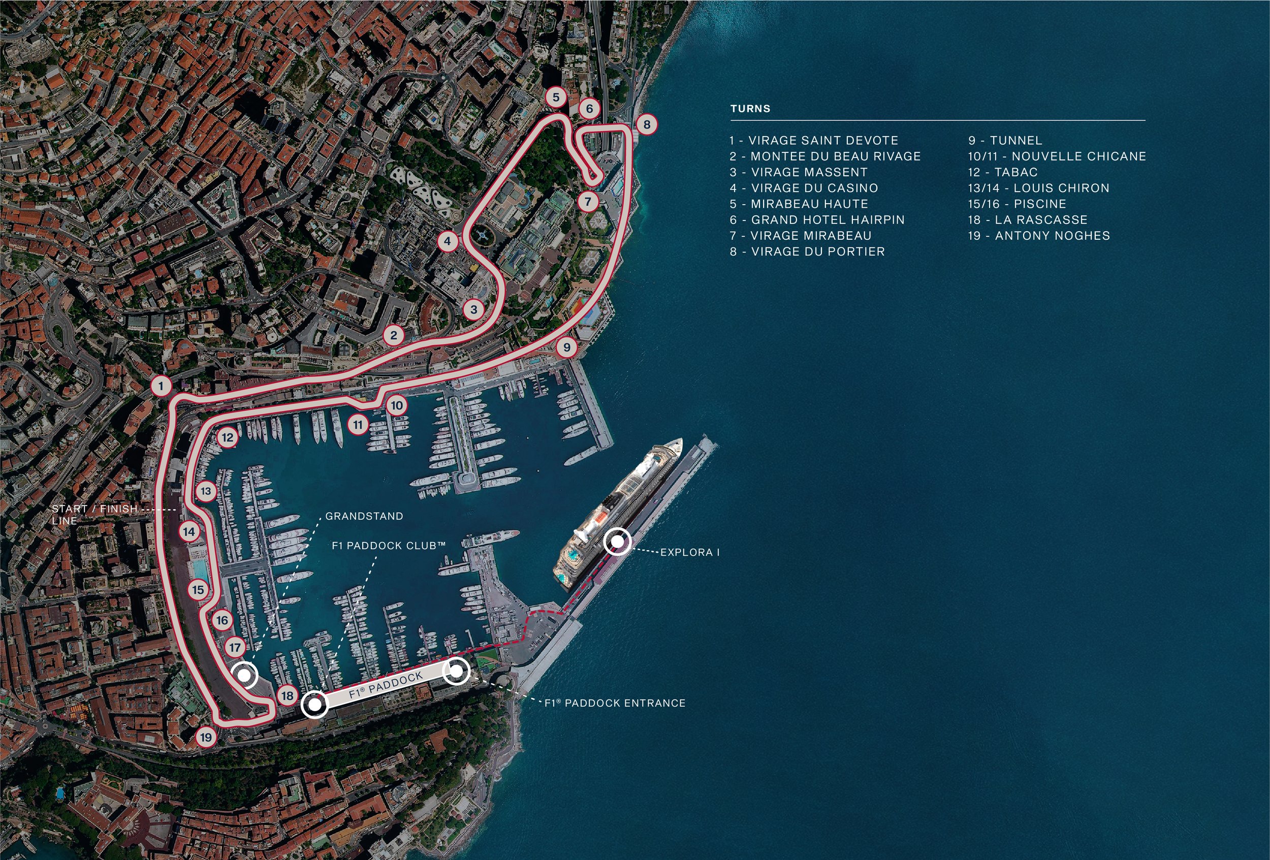 Aerial map of the Monaco Grand Prix street circuit around Port Hercule, with EXPLORA I docked in the harbor and a short walking route marked from the ship to the F1 Paddock and Grandstand