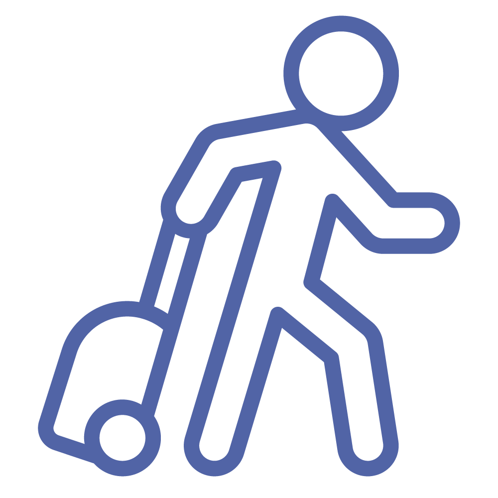 Line drawing of a person with a suitcase walking.
