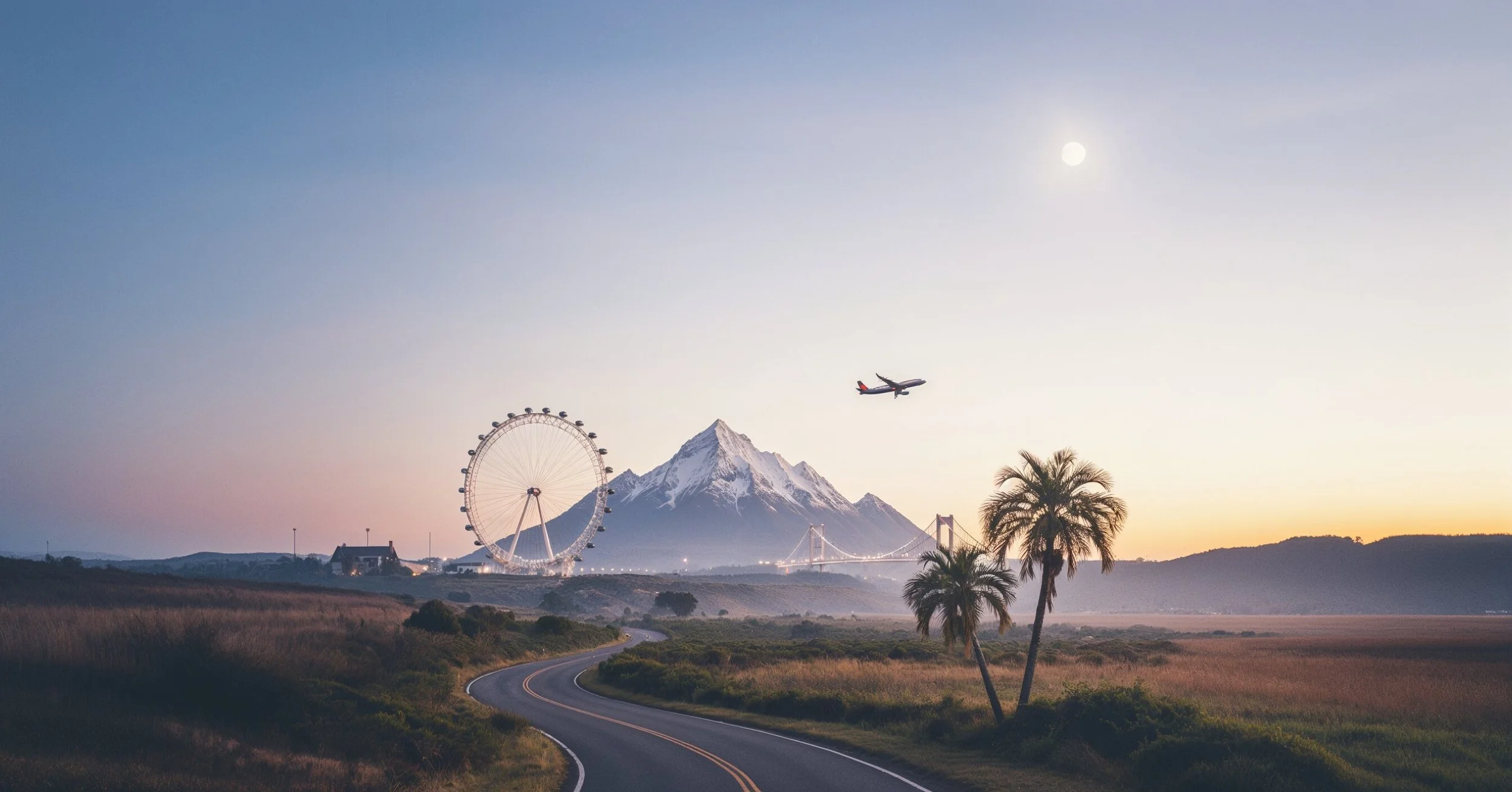 Scenic landscape featuring a winding road, palm trees, a Ferris wheel, snow-capped mountain, airplane, and a bridge at sunset or sunrise.