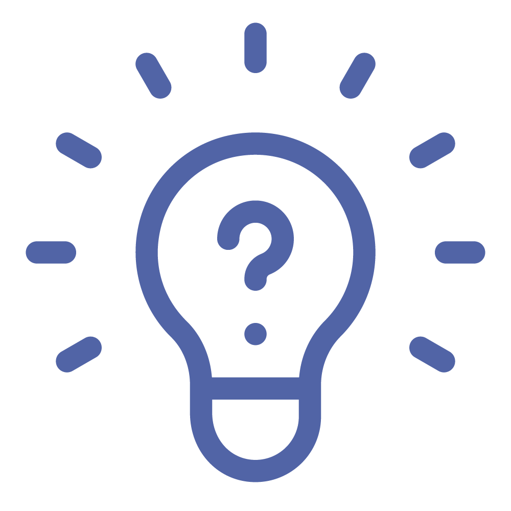An illustration of a lightbulb with a question mark inside it, surrounded by dashed lines.