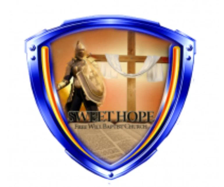 A shield with a blue border featuring a soldier with a shield on the left, a cross with white fabric in the background, and the word "SHELTER" with smaller text below on a brown background.