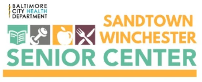 Logo of the Baltimore City Health Department Senior Center in Sandtown Winchester, with icons for reading, exercise, food, and nutrition.