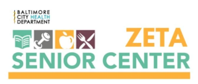 Baltimore City Health Department Zeta Senior Center logo with icons of a book, microphone, apple, and utensils.