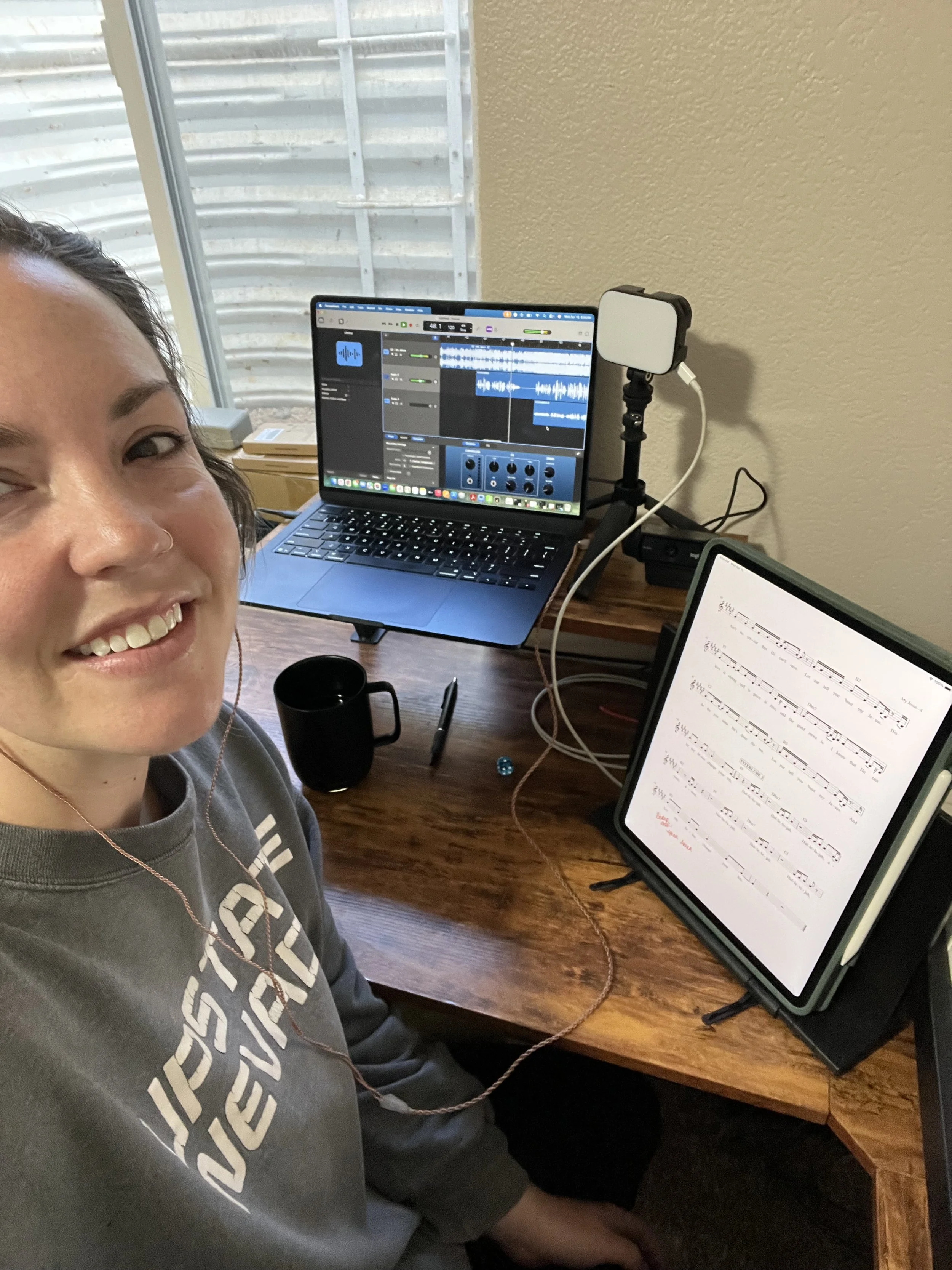 Brittany Brown creating custom vocal tracks and music resources for a local church worship team.