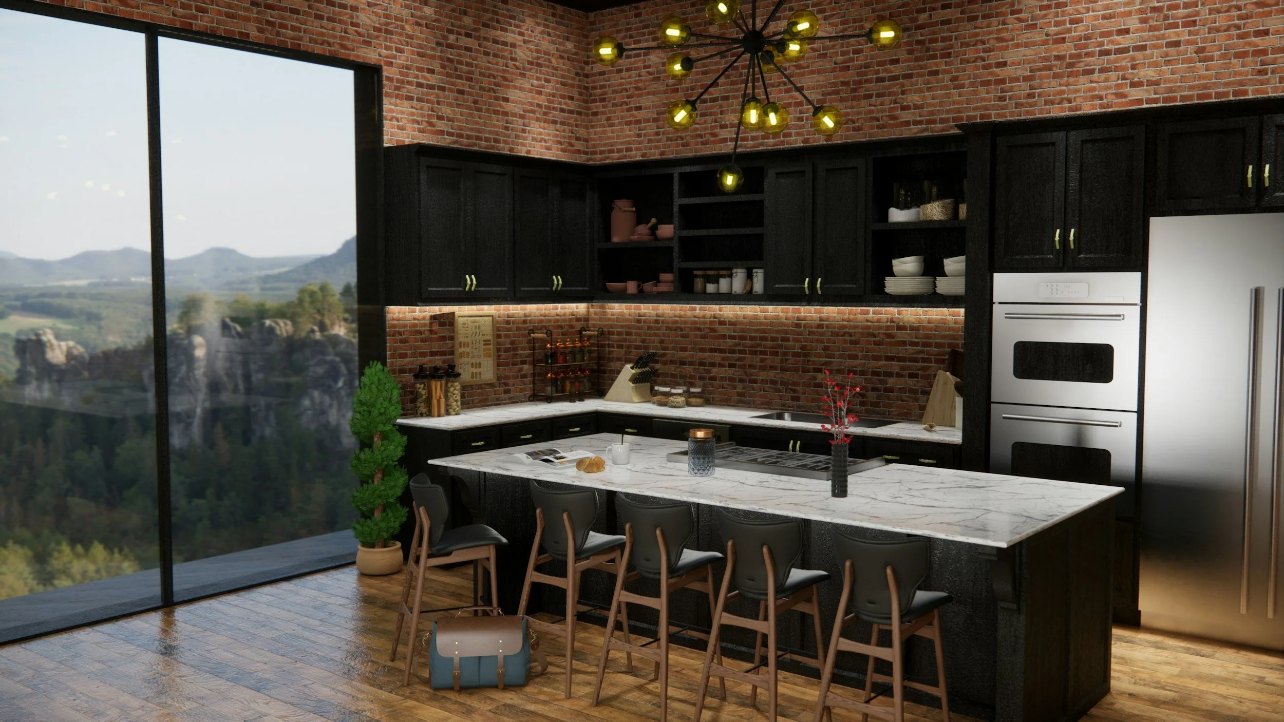 Modern kitchen with black cabinets, brick walls, marble island, and wooden bar stools by a large glass window showing a landscape of hills and trees.