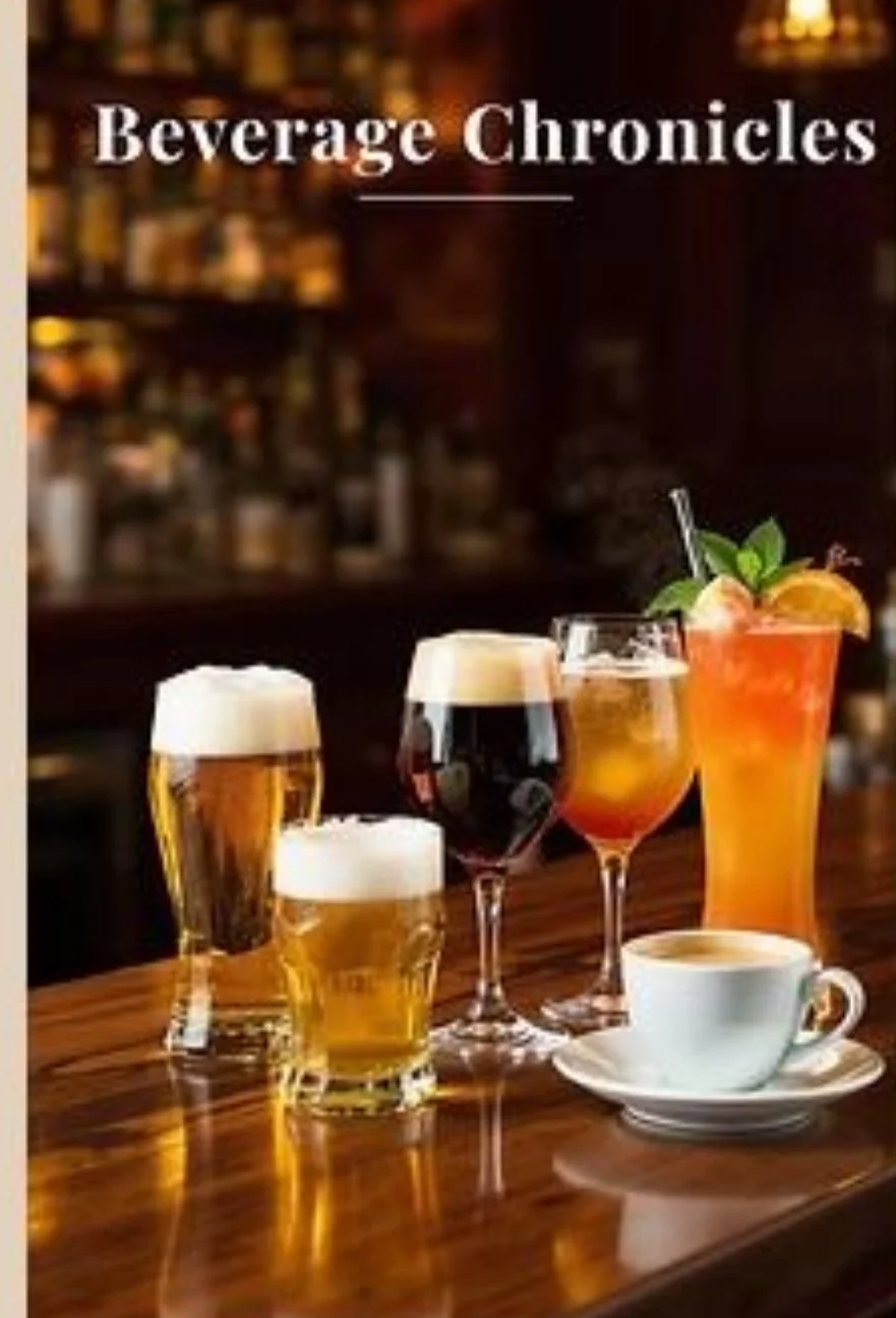 Assorted beverages including beer, cocktail, and coffee at a bar, with a sign reading 'Beverage Chronicles' in the background.