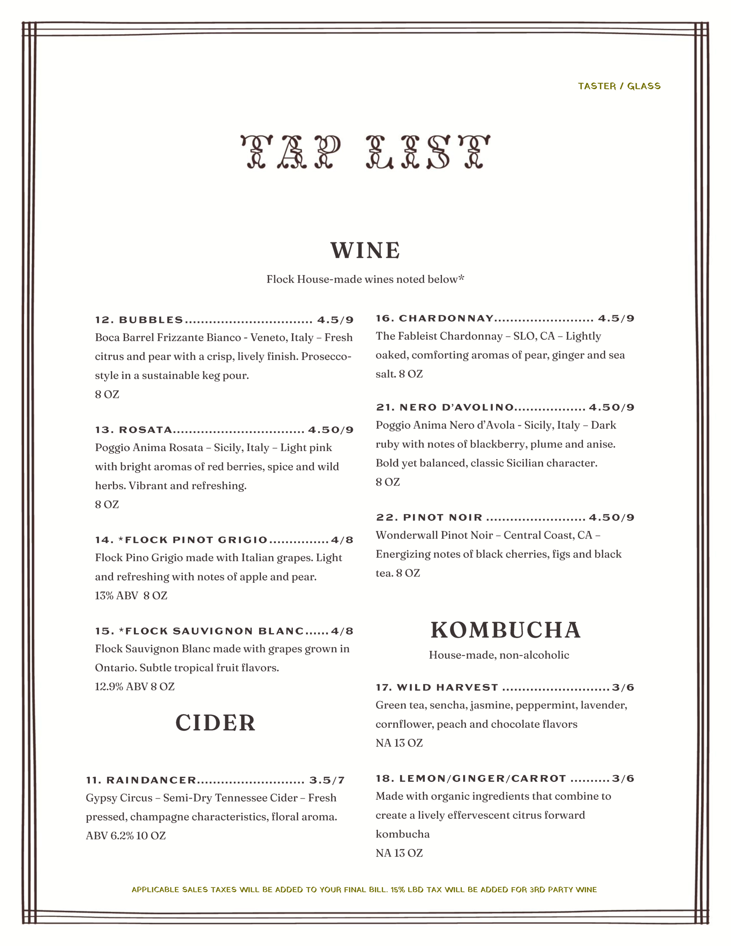 Menu listing wines and kombucha, including descriptions and prices, with decorative border.
