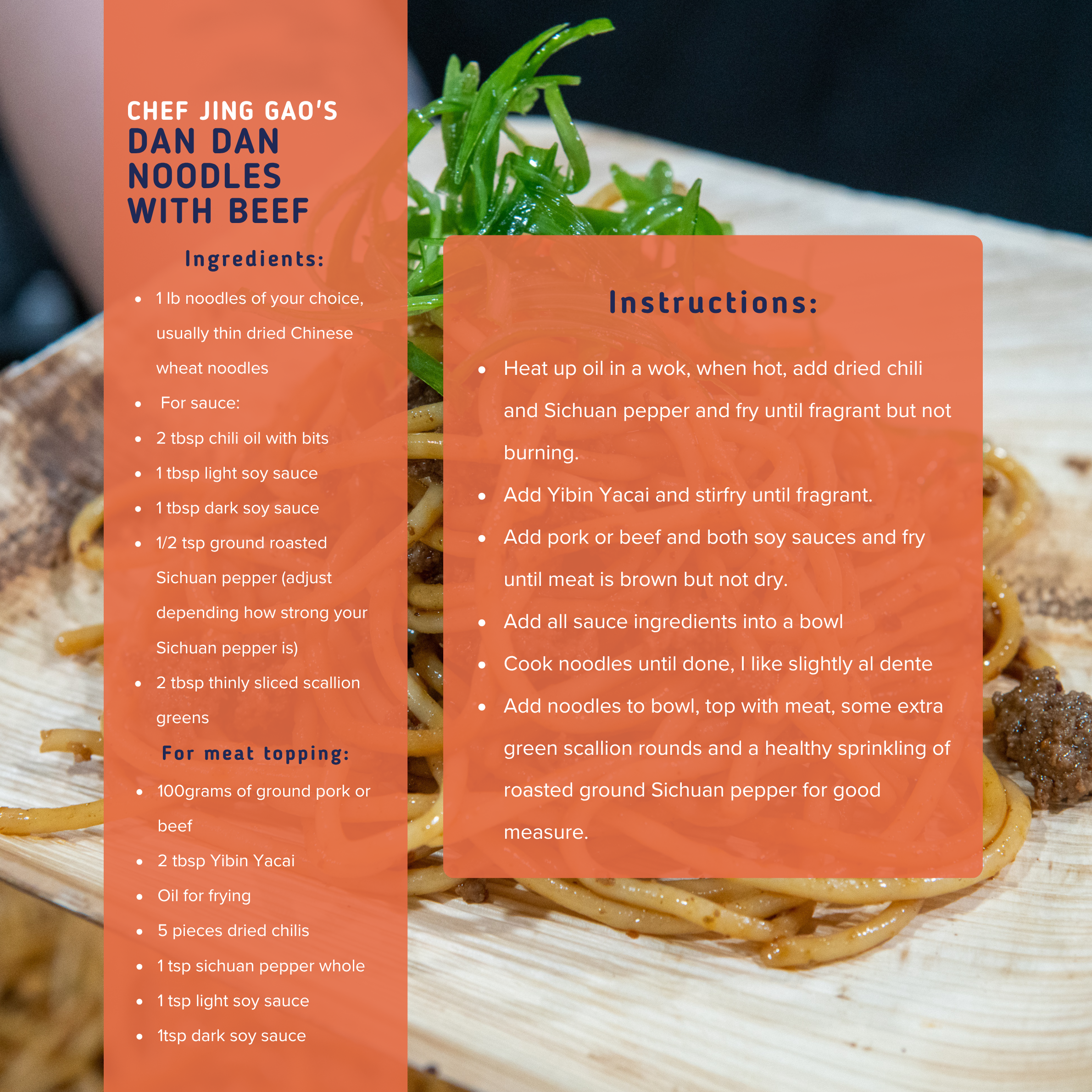Recipe card for Dan Dan Noodles with Beef featuring ingredients like Chinese wheat noodles, chili oil, soy sauces, Sichuan pepper, scallions, ground pork or beef, and dried chilis, with cooking instructions detailed on how to prepare the dish.