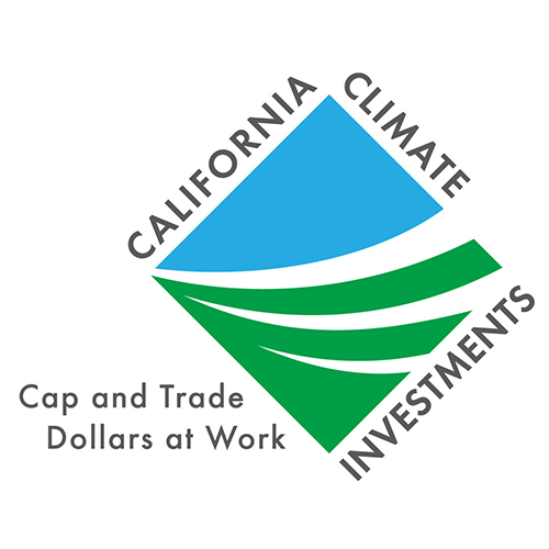 California Climate Investments logo with blue and green geometric shapes and the text 'Cap and Trade Dollars at Work'.
