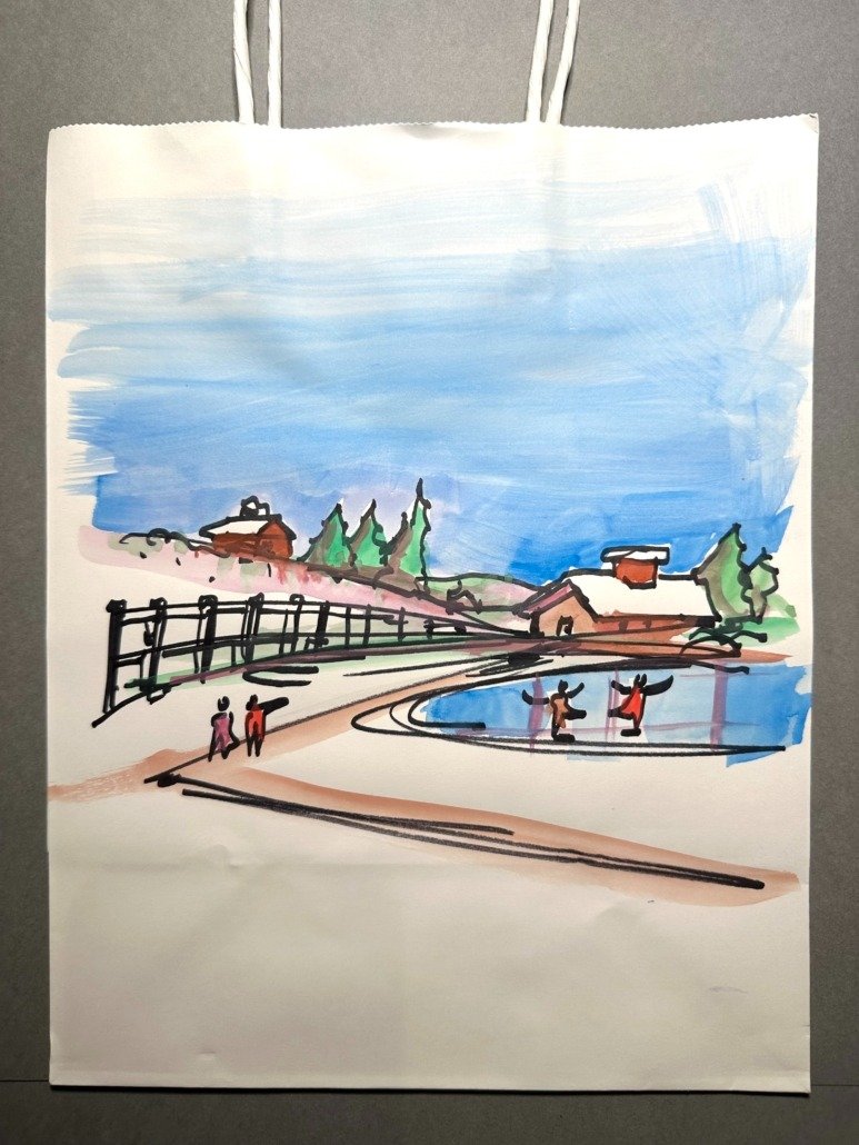 A colorful sketch of a lakeside scene with a walkway, two figures walking, three people in the lake with canoes, trees, and houses in the background under a blue sky.