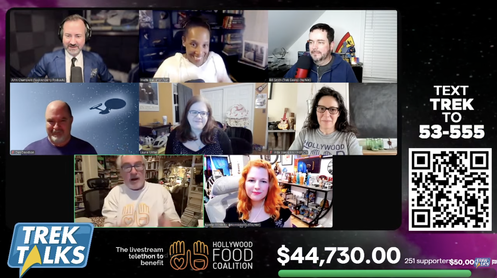 Screenshot of a virtual event titled 'Trek Talks' featuring nine participants in video call windows, a QR code, and fundraising information for the Hollywood Food Coalition with a total of $44,730 raised and 251 supporters.
