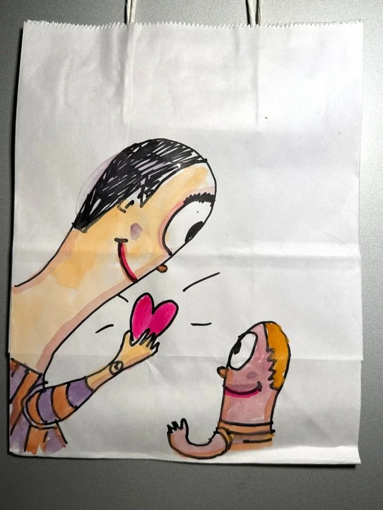 A cartoon drawing of two characters, a person and a baby, depicting the person holding a pink heart and smiling at the baby.