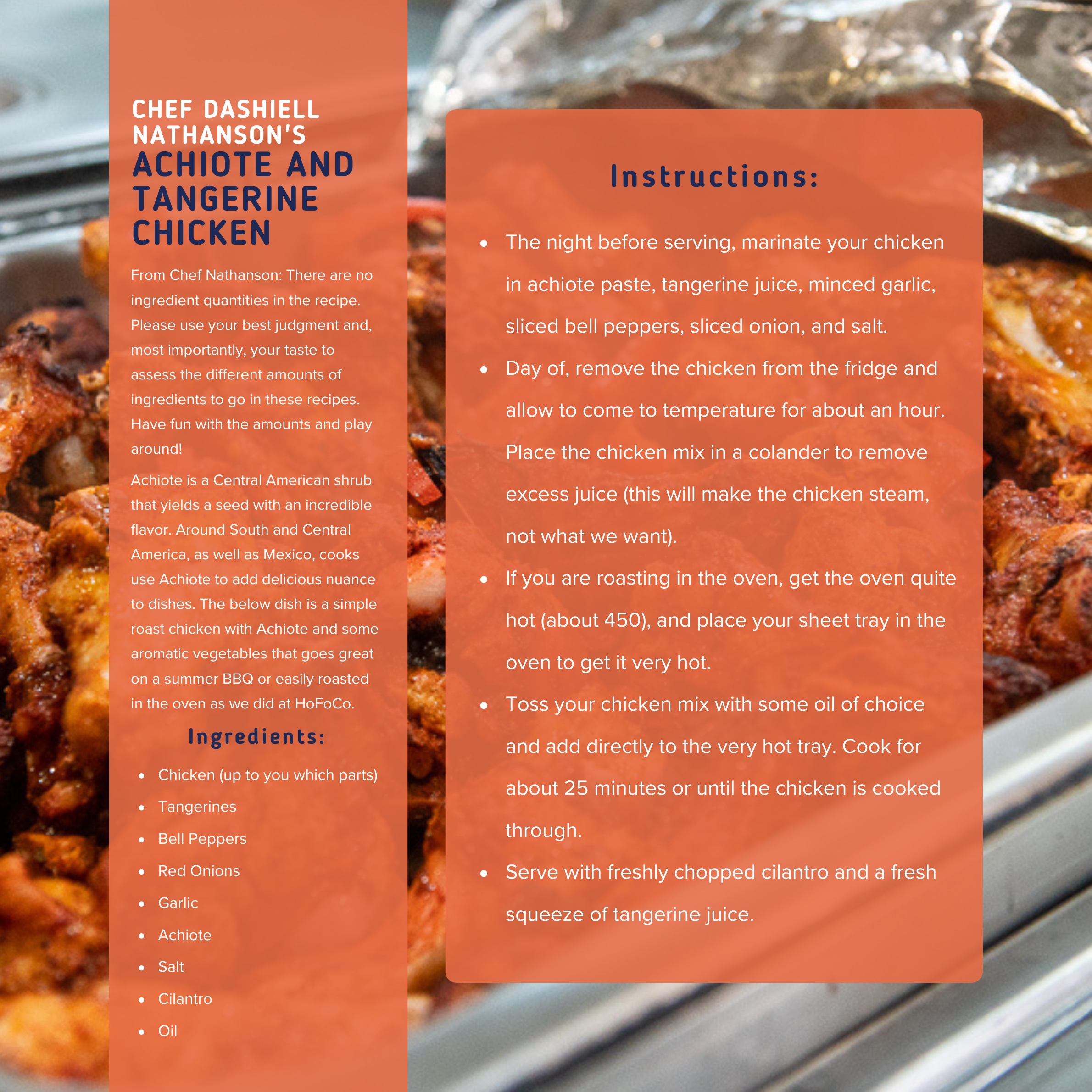Recipe card for Achite and Tangerine Chicken with cooking instructions and ingredients, overlay on a close-up photo of cooked chicken.