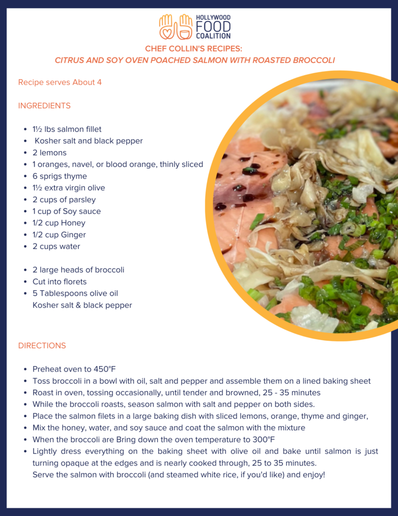 Recipe sheet for citrus and soy oven poached salmon with roasted broccoli, including ingredients like salmon fillet, lemons, broccoli, and seasonings, along with baking instructions.
