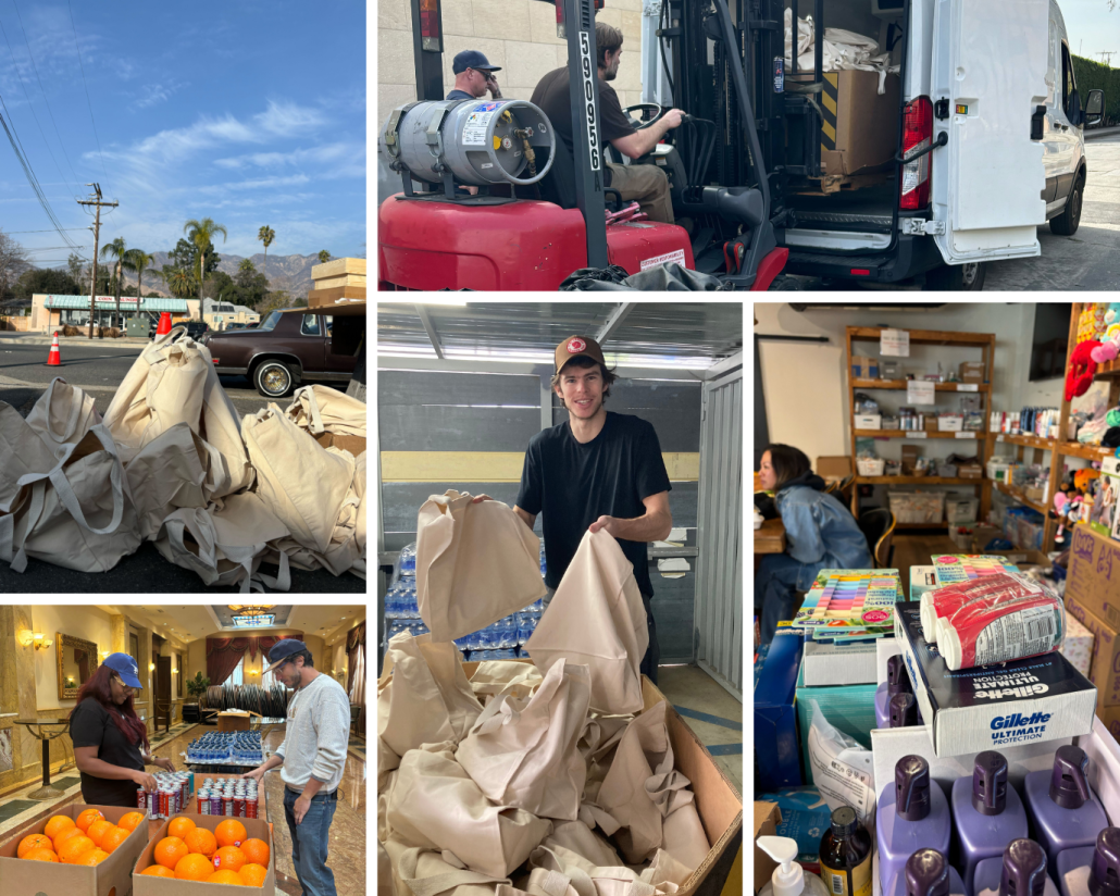 Collage of images showing environmental cleanup and volunteer activities: a street with piles of fabric bags and traffic cones, a person operating a forklift with boxes, a charity worker packing fabric bags, a retail store with various products including toiletries and toys, and two people discussing goods at an event with oranges and canned drinks.