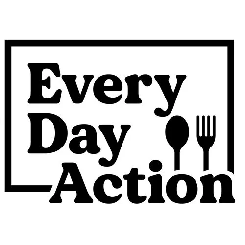 Black and white logo with the text 'Every Day Action' and icons of a spoon and fork.