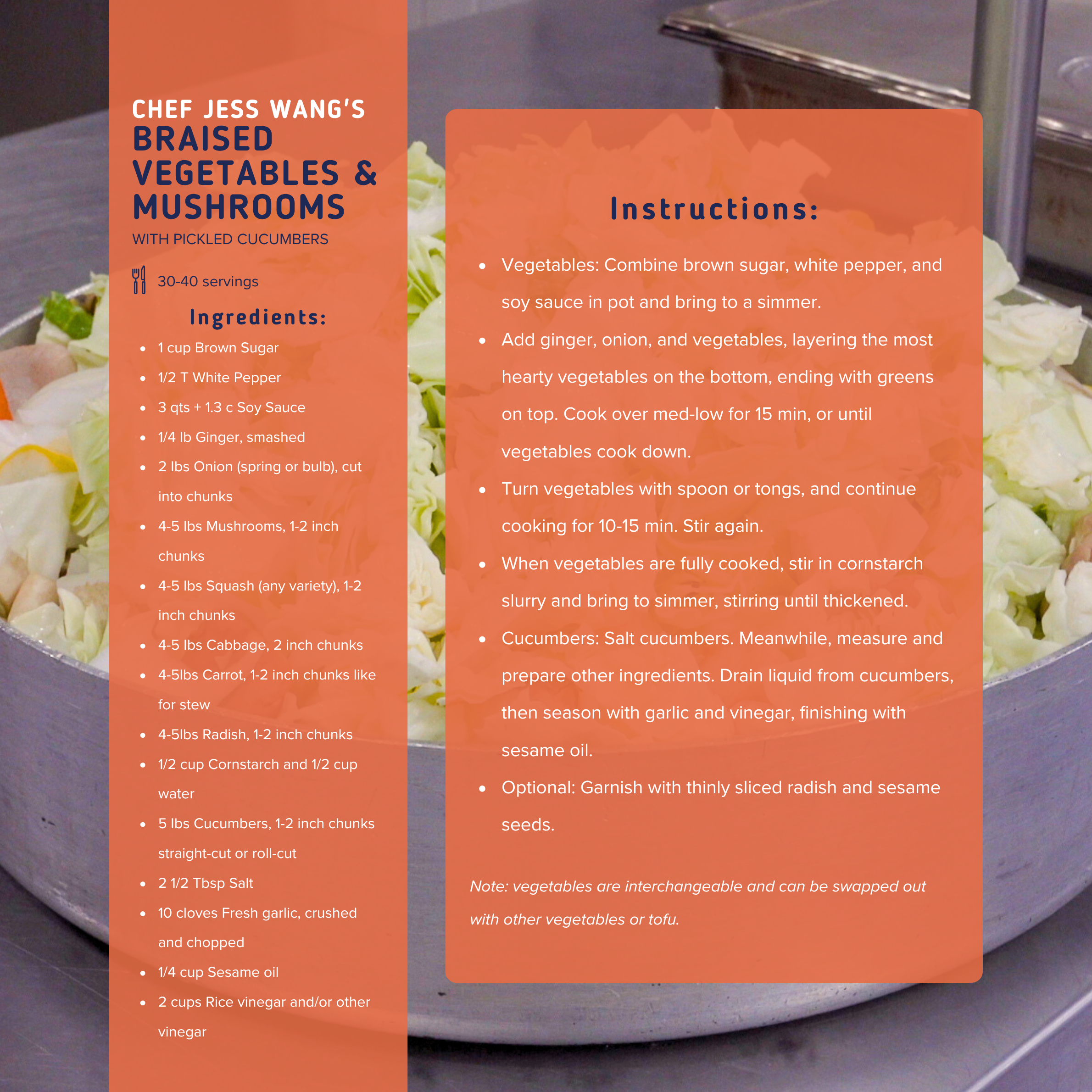 Recipe card for braised vegetables and mushrooms with pickled cucumbers by Chef Jess Wang, featuring ingredients such as brown sugar, white pepper, soy sauce, ginger, onion, mushrooms, squash, carrot, radish, cucumber, garlic, vinegar, sesame oil, and rice vinegar, along with cooking instructions.