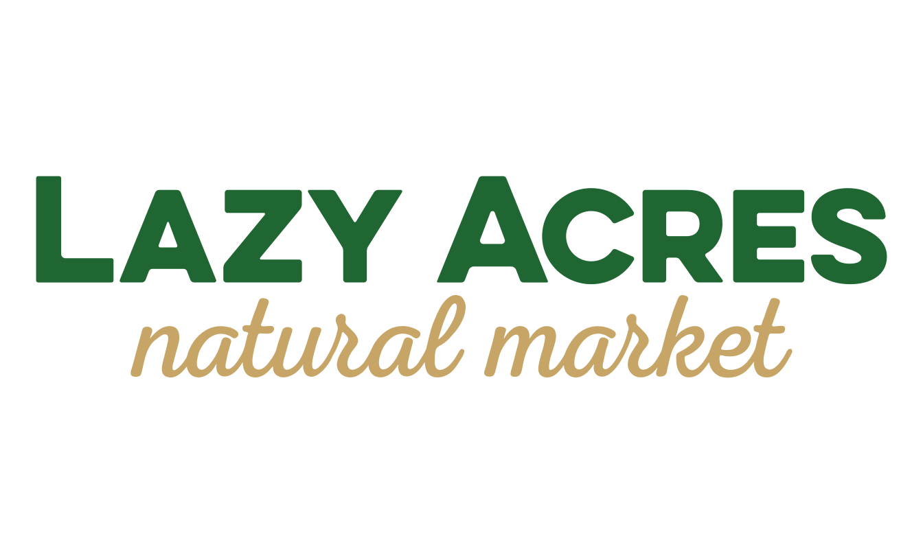 Lazy Acres Natural Market logo with green and beige text on a black background.