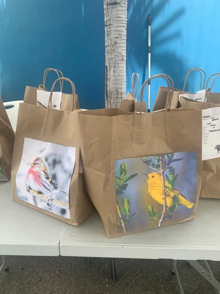 Brown paper bags with bird pictures on them, set on a table with a blue wall and palm tree in the background.