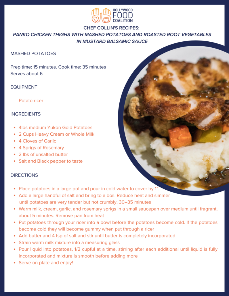 Recipe card for Panko Chicken Thighs with Mashed Potatoes and Roasted Root Vegetables in Mustard Balsamic Sauce, with a close-up of a plated chicken thigh with mashed potatoes and vegetables.