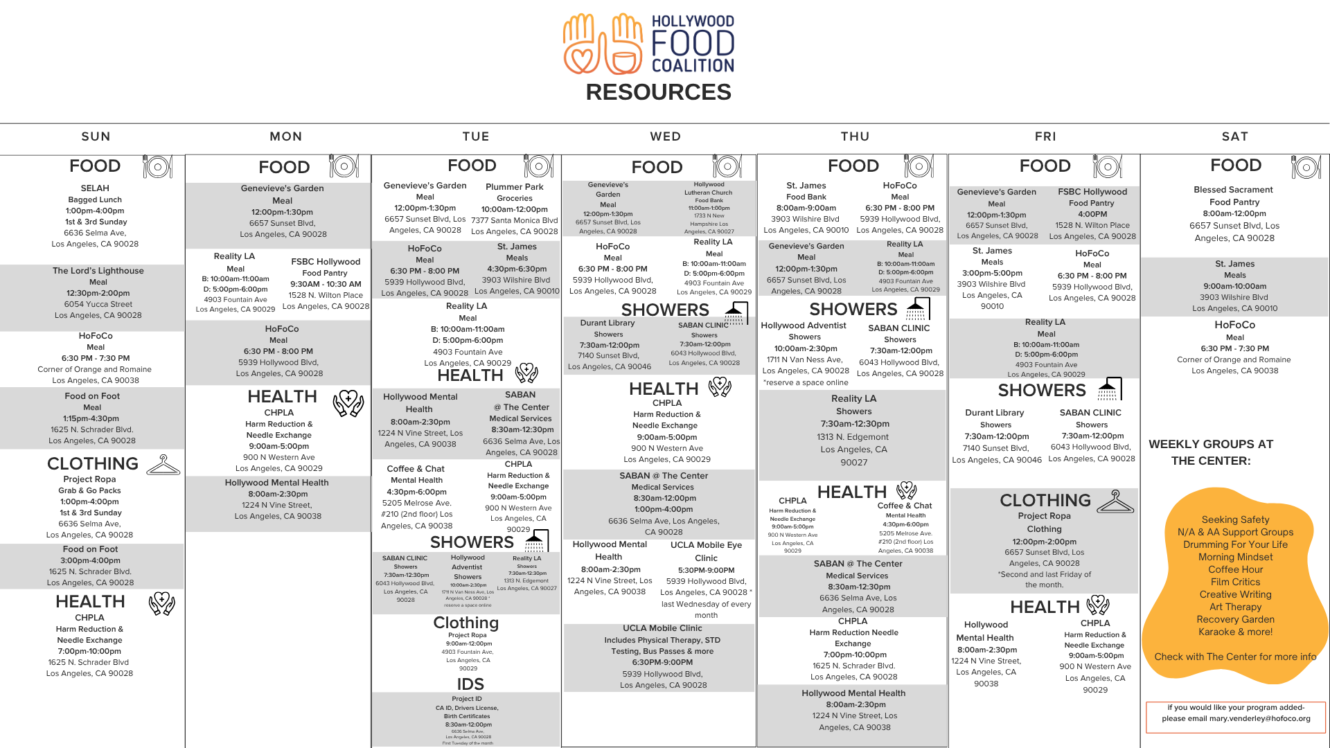 Schedule of resources at Hollywood Food Coalition including meals, showers, health, clothing, and weekly groups, with some activities and locations listed for each day of the week.