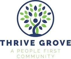 Logo of Thrive Grove featuring a stylized tree with green and blue leaves, and the text 'THRIVE GROVE' and 'A PEOPLE FIRST COMMUNITY' beneath.
