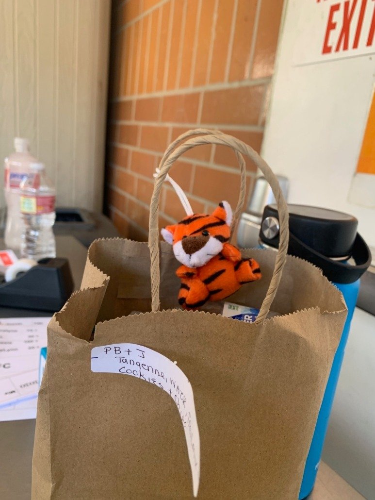 A small brown paper bag with a stuffed tiger toy hanging from a white string handle, placed on a counter next to a blue and black coffee mug. In the background, there are water bottles, a receipt, and a brick wall.