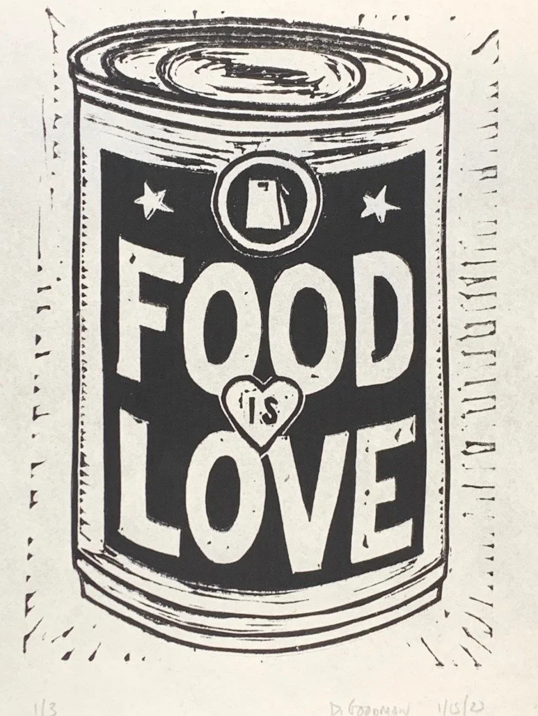 A black and white illustration of a canned food label with the words "Food is Love" written on it. The word "is" is inside a heart shape, and the label features stars and a can opening top.