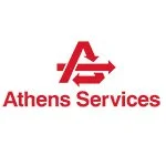 Logo of Athens Services with red text and arrow symbol
