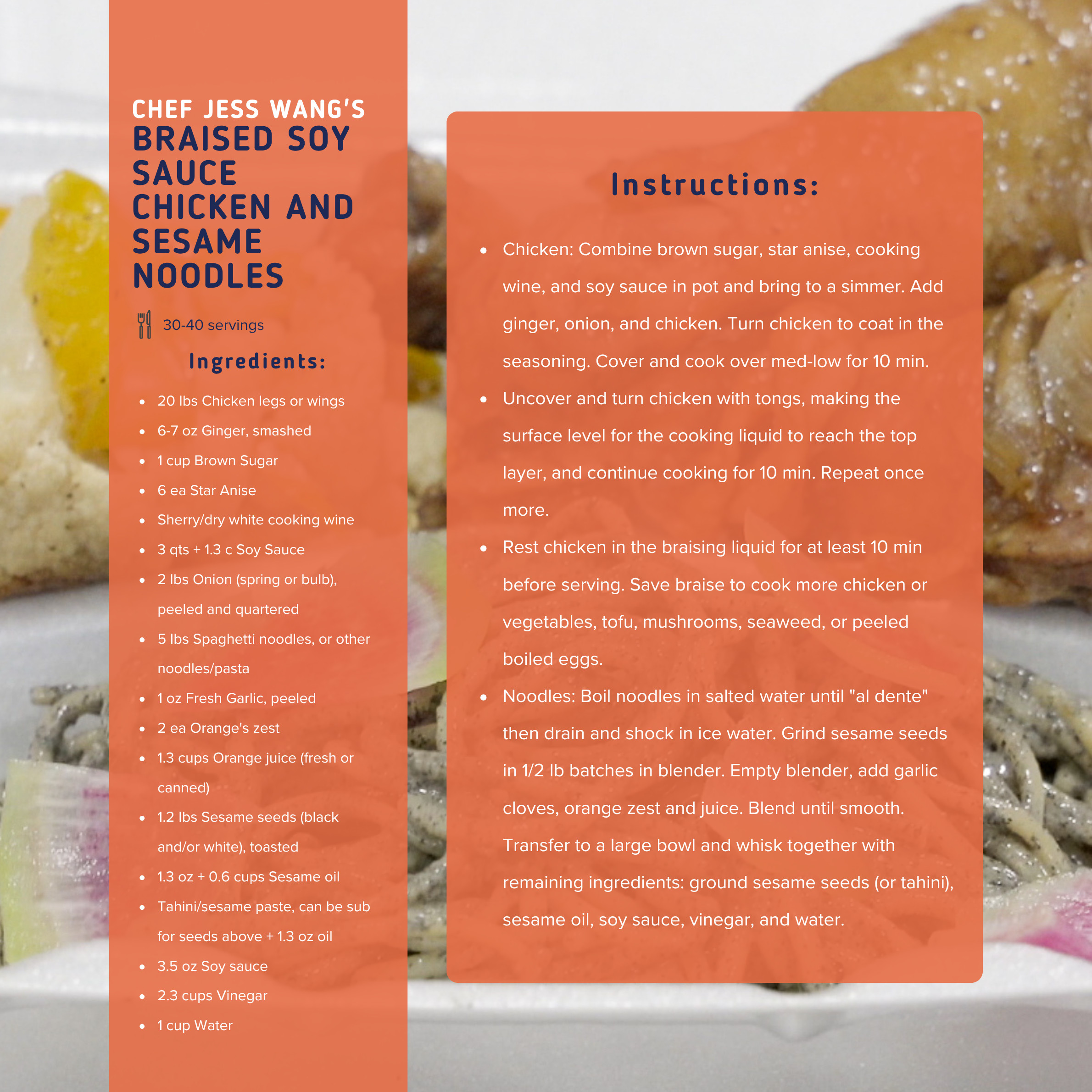 Recipe card for Chef Jess Wang's Braised Soy Sauce Chicken and Sesame Noodles, listing ingredients such as chicken, ginger, brown sugar, star anise, soy sauce, noodles, garlic, orange zest, orange juice, sesame seeds, sesame oil, and vinegar, with instructions for preparing the dish.