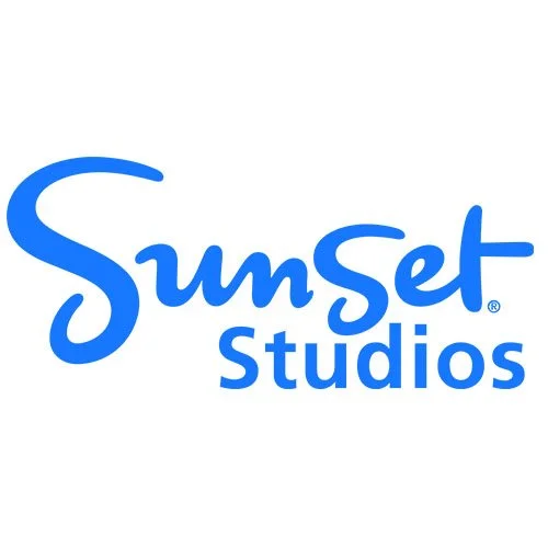 Sunset Studios logo with the word 'Sunset' in a blue handwritten font and 'Studios' in a smaller, bold blue font underneath.