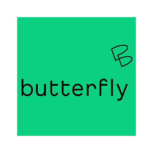 A teal square with the word "butterfly" in black lowercase letters and a black line drawing of a butterfly in the top right corner.