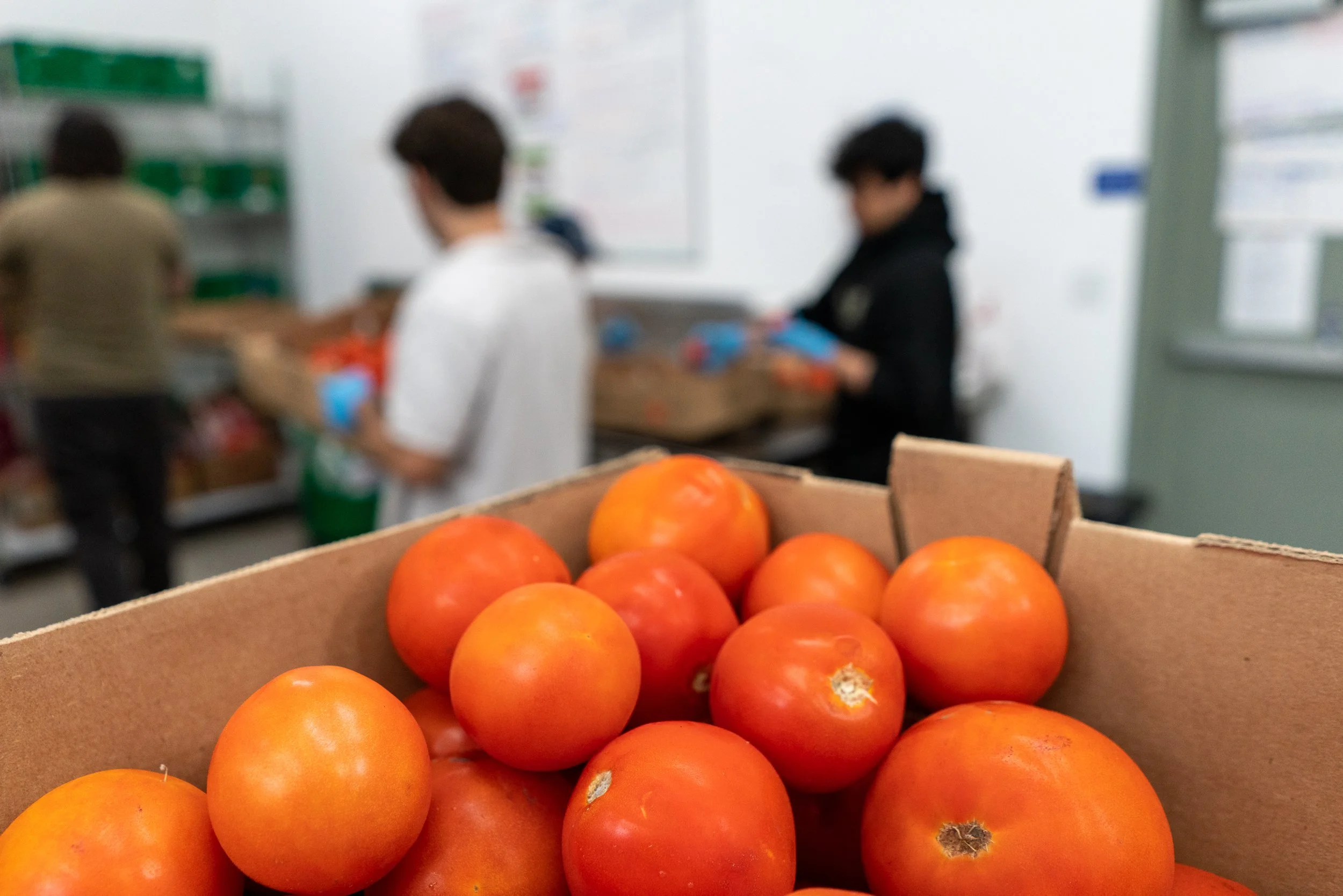 A box of ripe orange tomatoes in the foreground with three people working in the background in a grocery store or produce section.