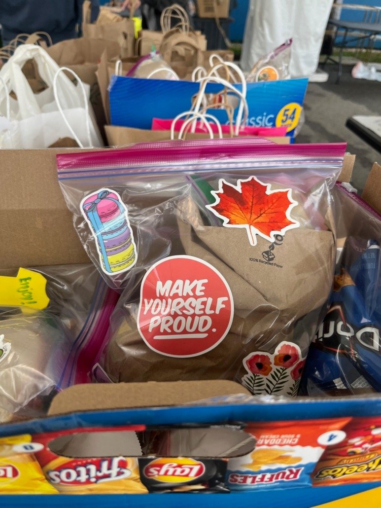 A plastic zippered bag with stickers, including a red maple leaf and a round sticker that says 'Make Yourself Proud' inside a cardboard box. In the background, there are various shopping bags and items on a table.