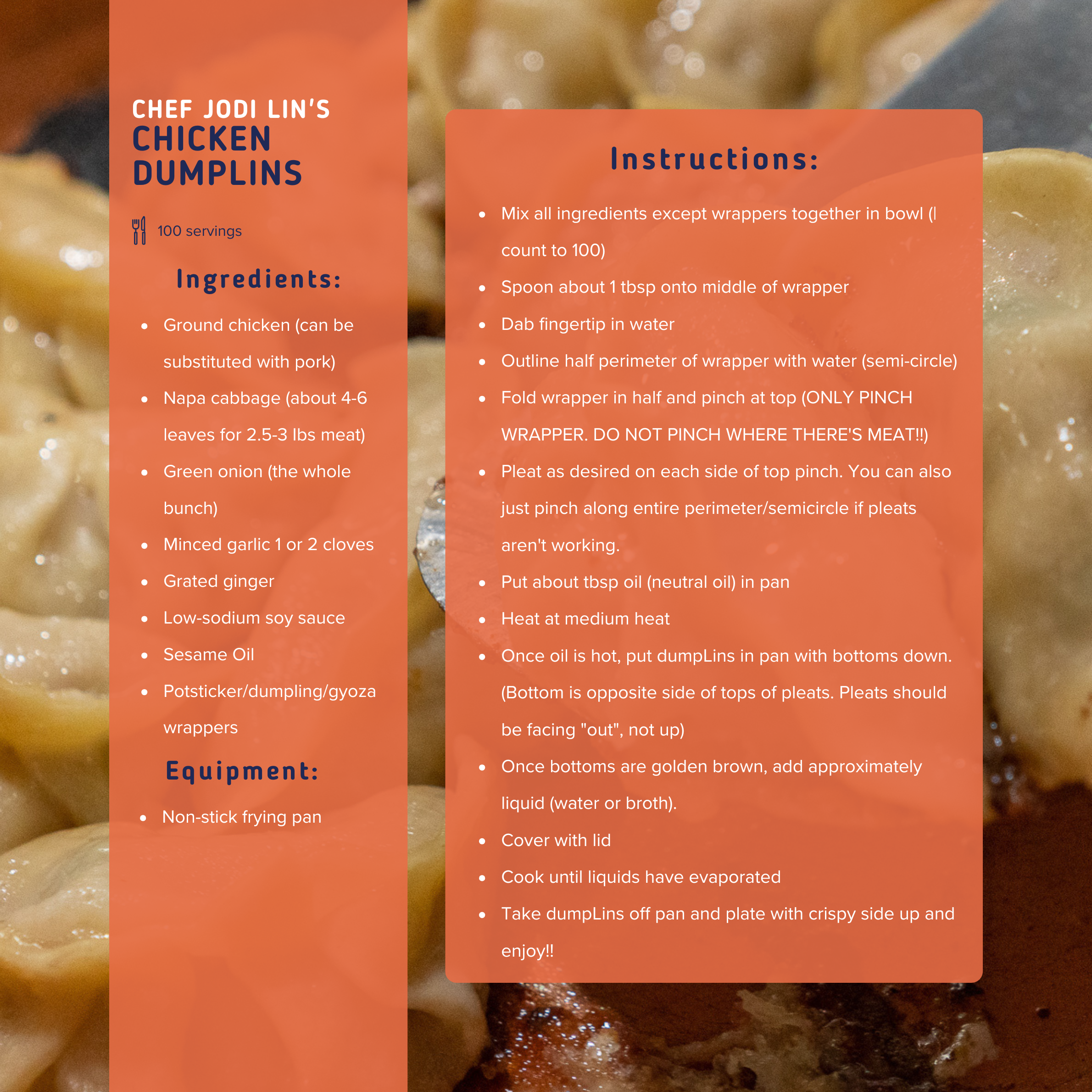 Instruction sheet for chicken dumplings with ingredients and cooking steps, overlaying a background image of cooked dumplings.